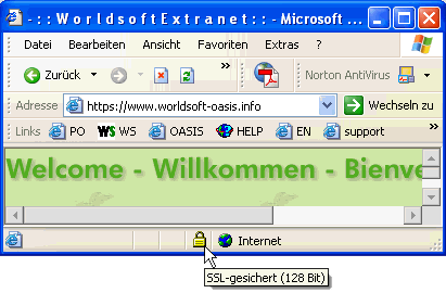 Browseranzeige das die Worldsoft Seite SSL-verschlüsselt ist