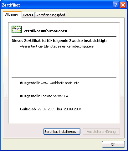 Informationen über das Thawte Zertifikat bzgl. der SSL-Verschlüsselung von Worldsoft